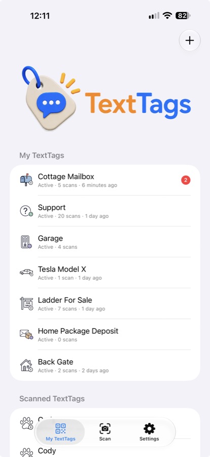 My TextTags home screen listing several tags