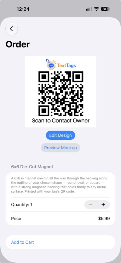 Screen for ordering a physical printed tag