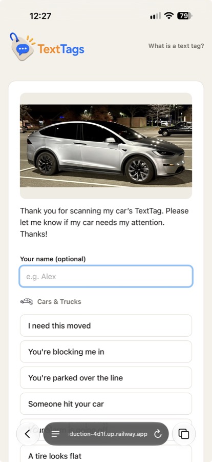 Scanner's screen after scanning a tag, with premade replies