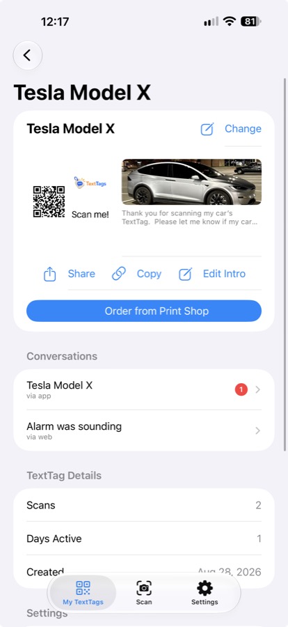 Tag detail screen showing a QR code and share options